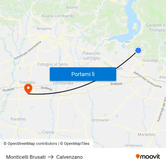 Monticelli Brusati to Calvenzano map