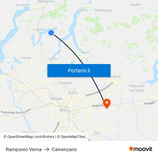 Ramponio Verna to Calvenzano map