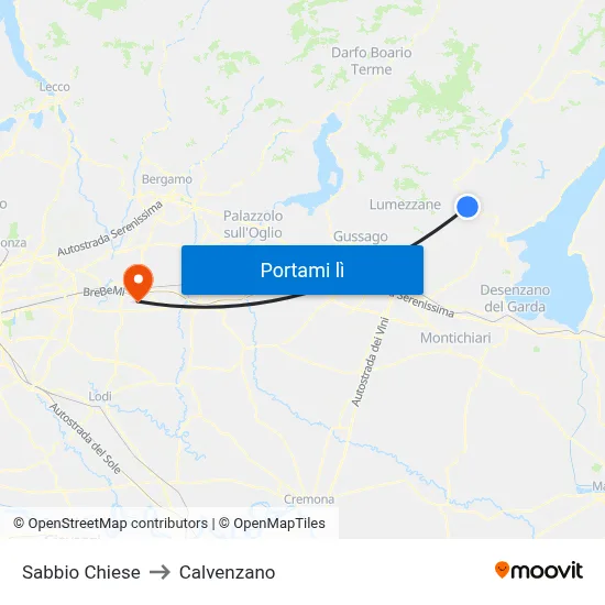 Sabbio Chiese to Calvenzano map