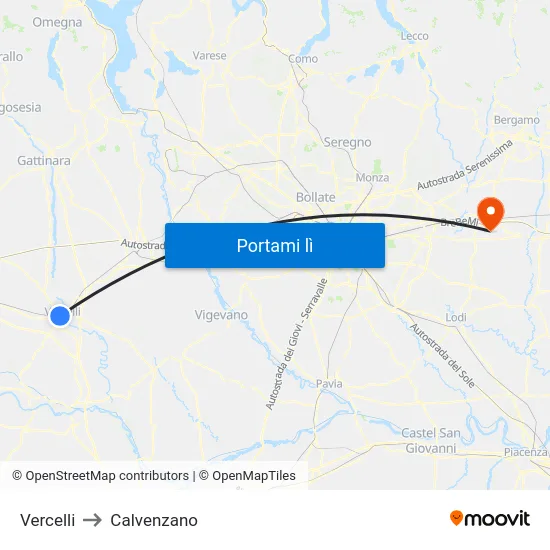 Vercelli to Calvenzano map