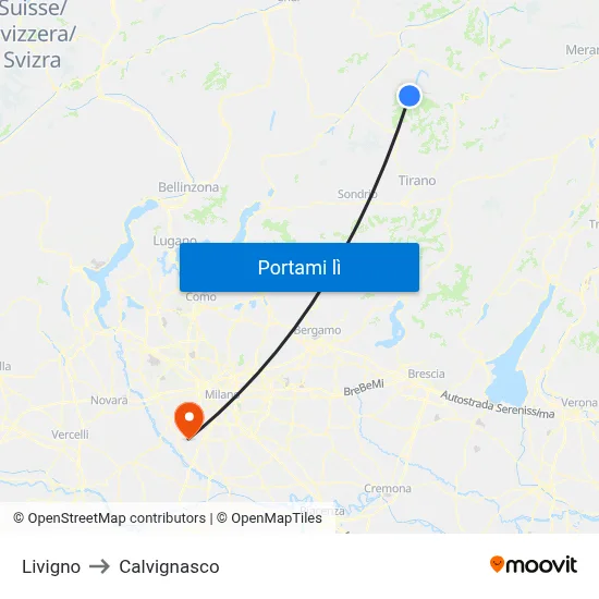 Livigno to Calvignasco map