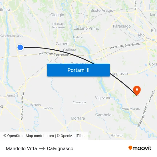 Mandello Vitta to Calvignasco map