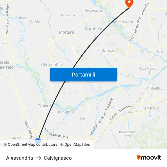 Alessandria to Calvignasco map