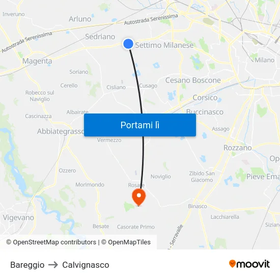 Bareggio to Calvignasco map