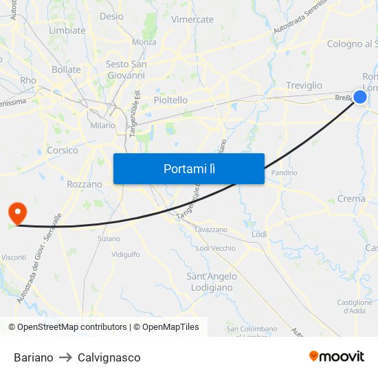 Bariano to Calvignasco map