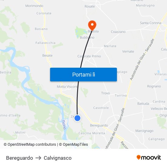 Bereguardo to Calvignasco map