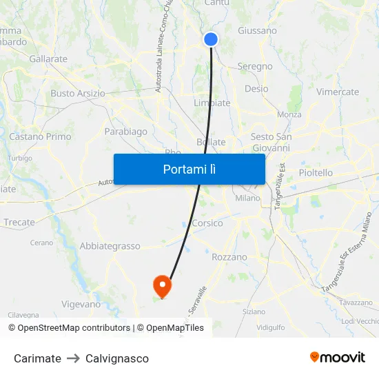 Carimate to Calvignasco map