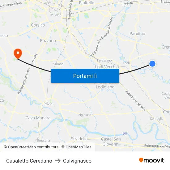Casaletto Ceredano to Calvignasco map