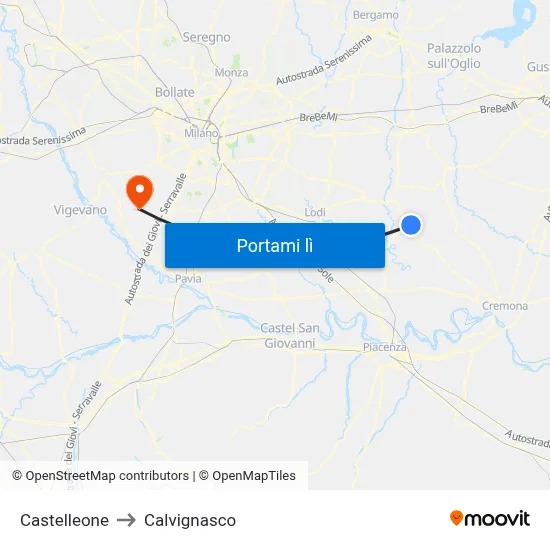 Castelleone to Calvignasco map