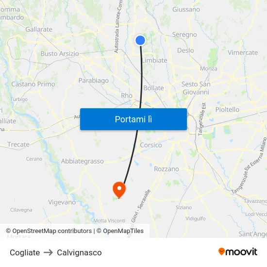 Cogliate to Calvignasco map