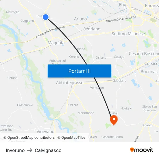 Inveruno to Calvignasco map