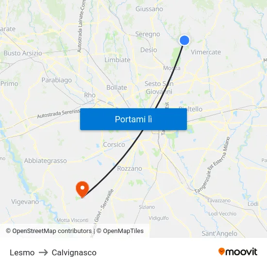 Lesmo to Calvignasco map