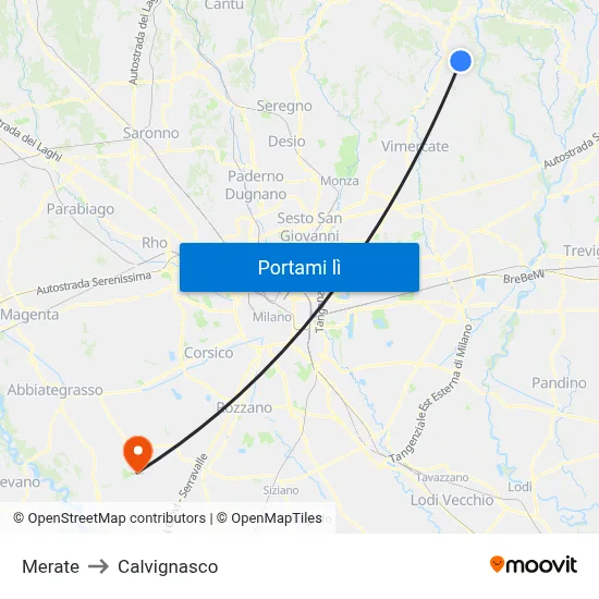 Merate to Calvignasco map