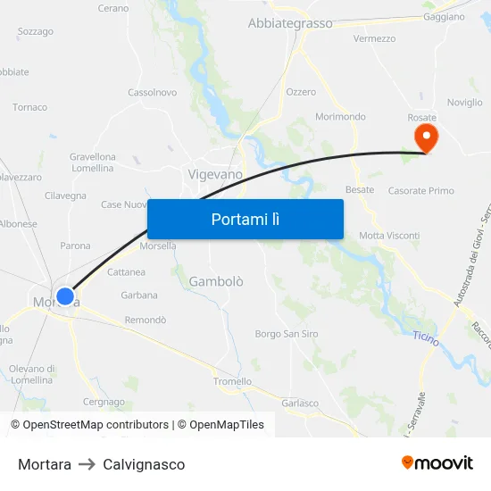 Mortara to Calvignasco map