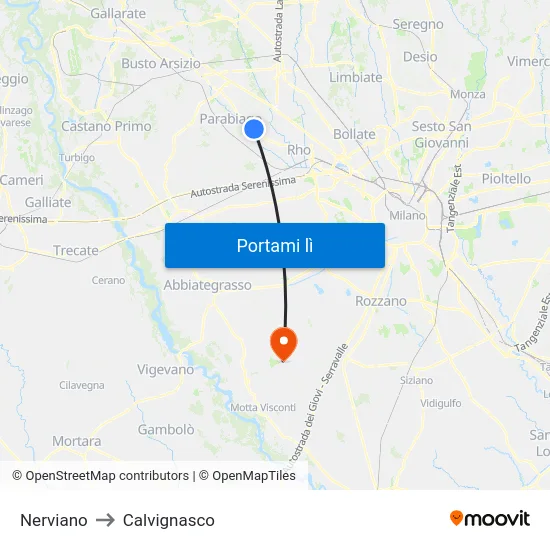 Nerviano to Calvignasco map