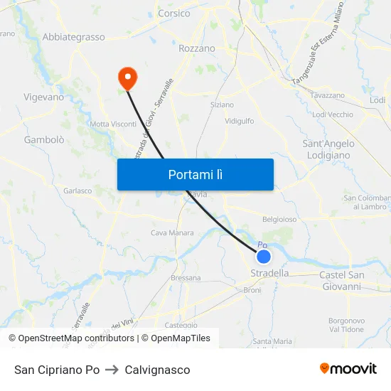 San Cipriano Po to Calvignasco map