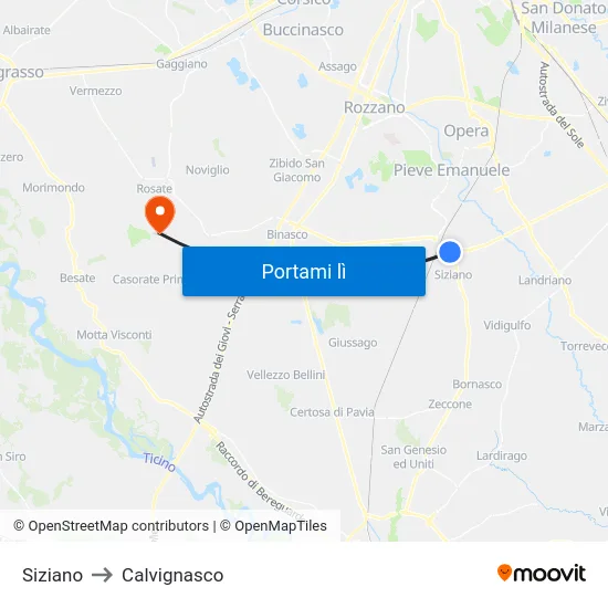 Siziano to Calvignasco map