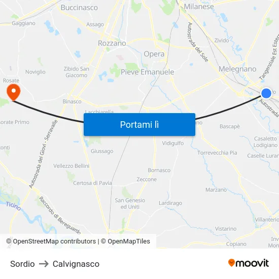 Sordio to Calvignasco map