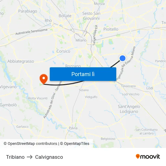 Tribiano to Calvignasco map