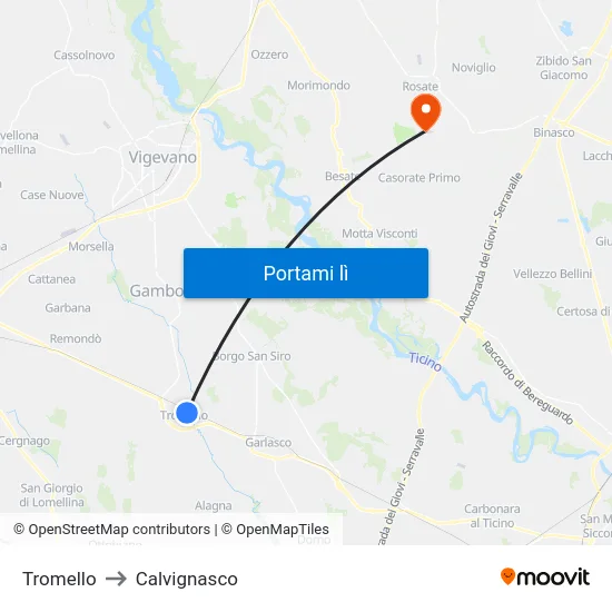 Tromello to Calvignasco map