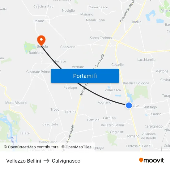 Vellezzo Bellini to Calvignasco map