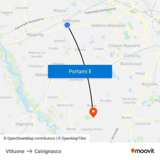 Vittuone to Calvignasco map