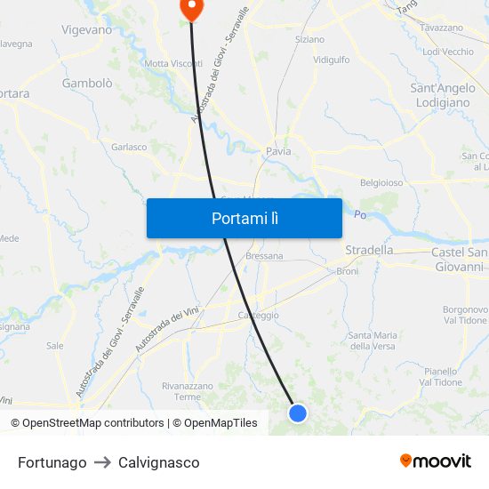 Fortunago to Calvignasco map