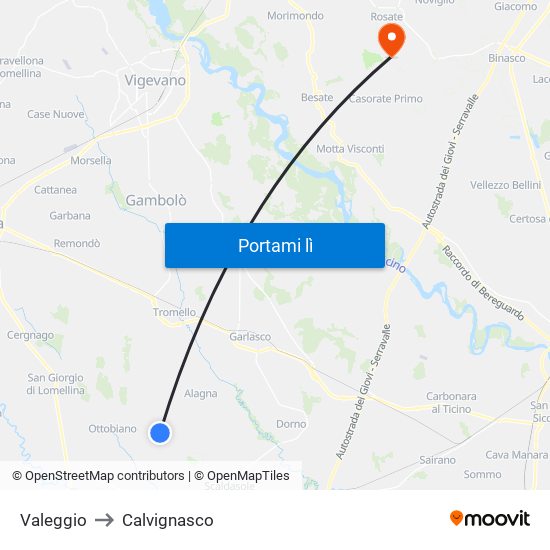 Valeggio to Calvignasco map