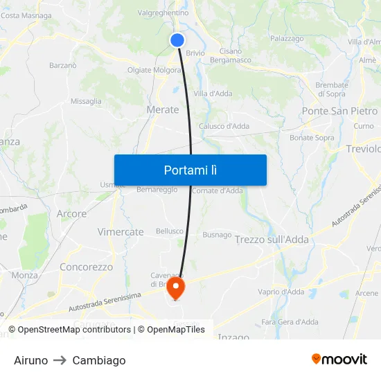 Airuno to Cambiago map