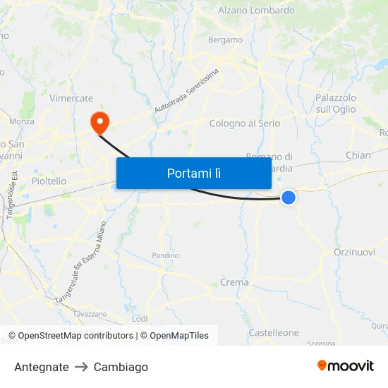 Antegnate to Cambiago map