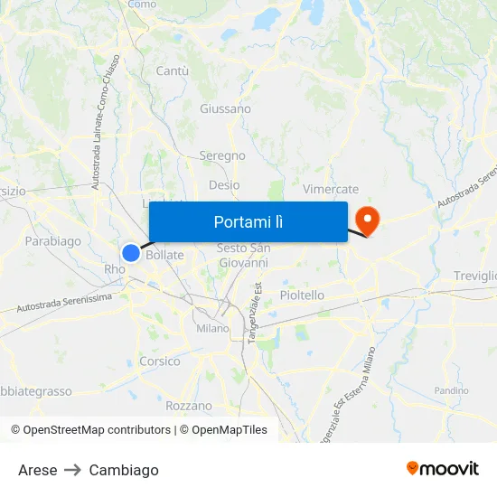 Arese to Cambiago map