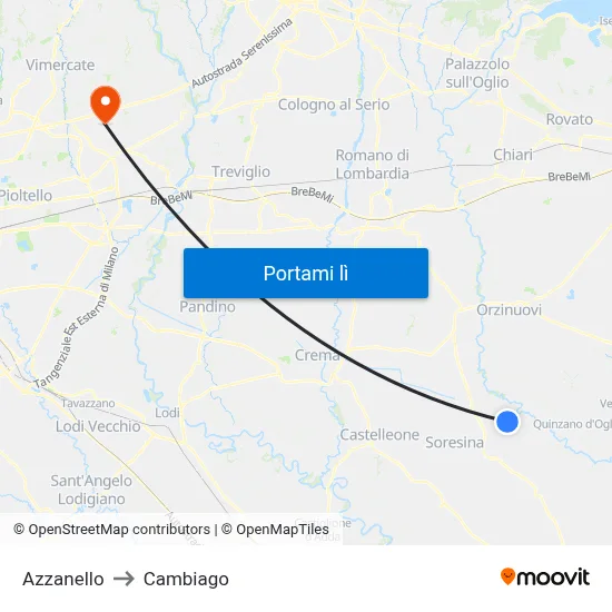 Azzanello to Cambiago map