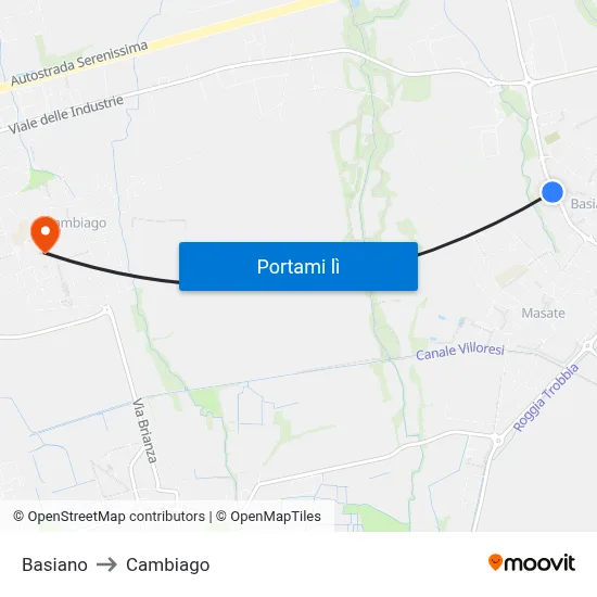 Basiano to Cambiago map