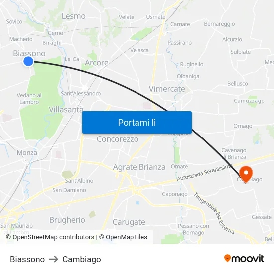 Biassono to Cambiago map
