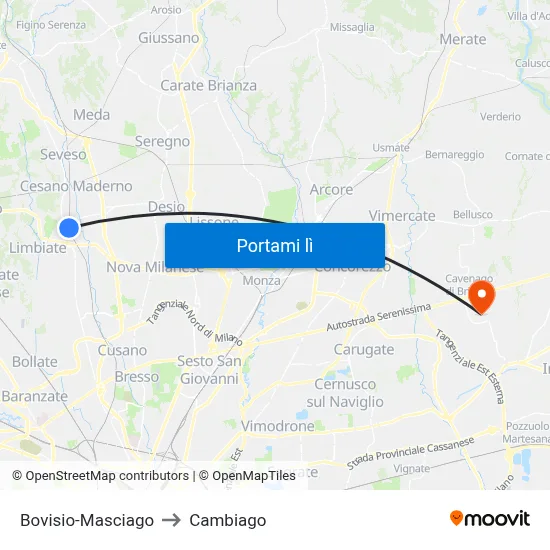 Bovisio-Masciago to Cambiago map