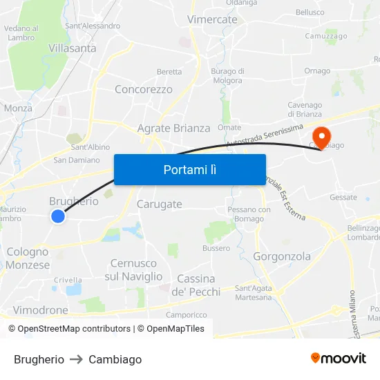 Brugherio to Cambiago map