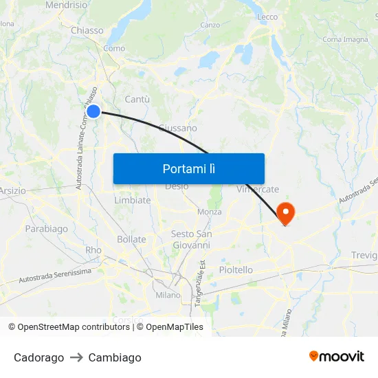 Cadorago to Cambiago map