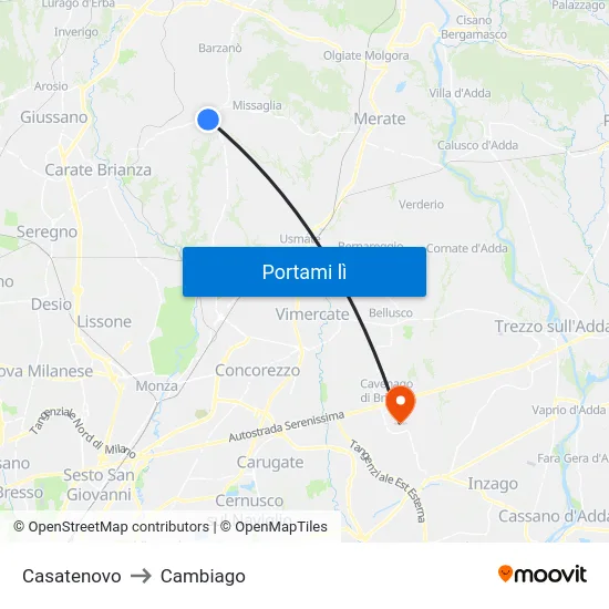 Casatenovo to Cambiago map