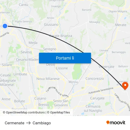 Cermenate to Cambiago map