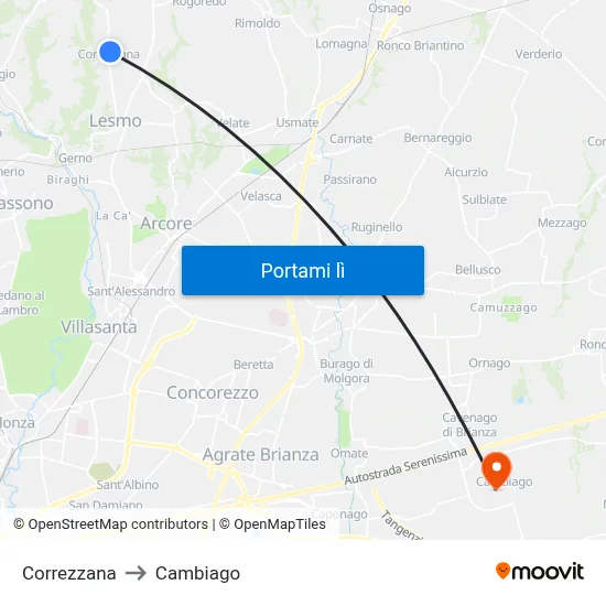 Correzzana to Cambiago map