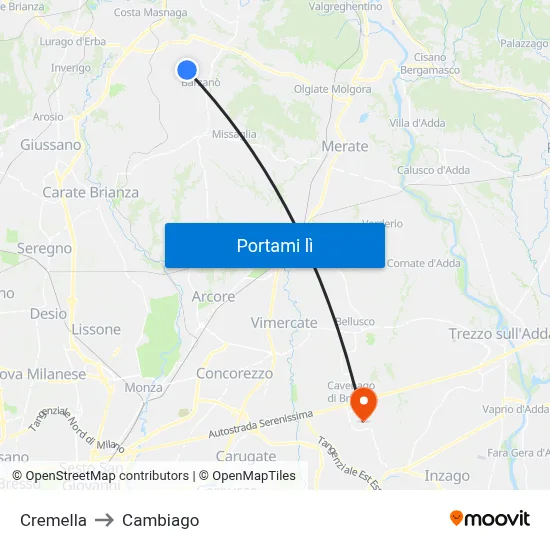 Cremella to Cambiago map