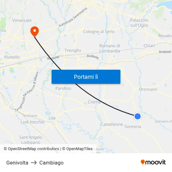 Genivolta to Cambiago map