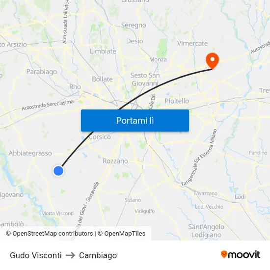 Gudo Visconti to Cambiago map