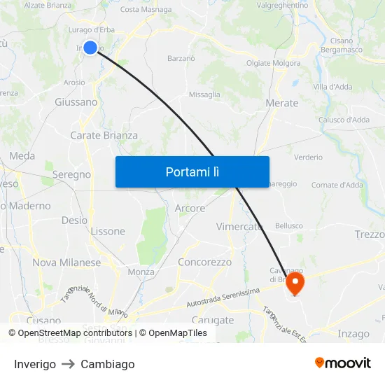 Inverigo to Cambiago map