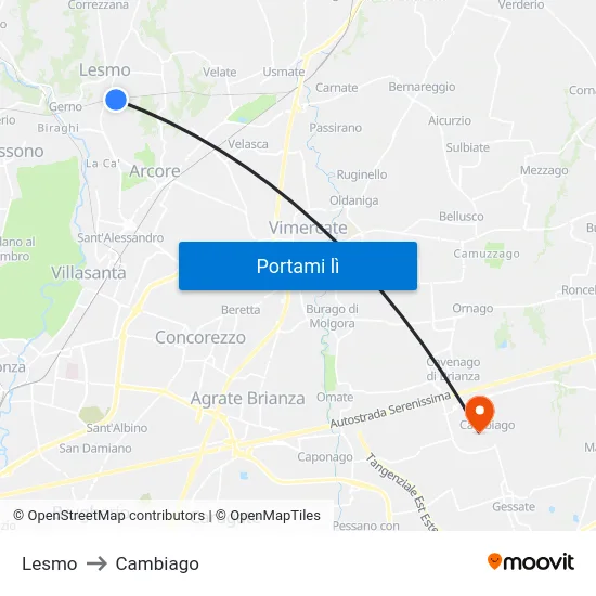 Lesmo to Cambiago map