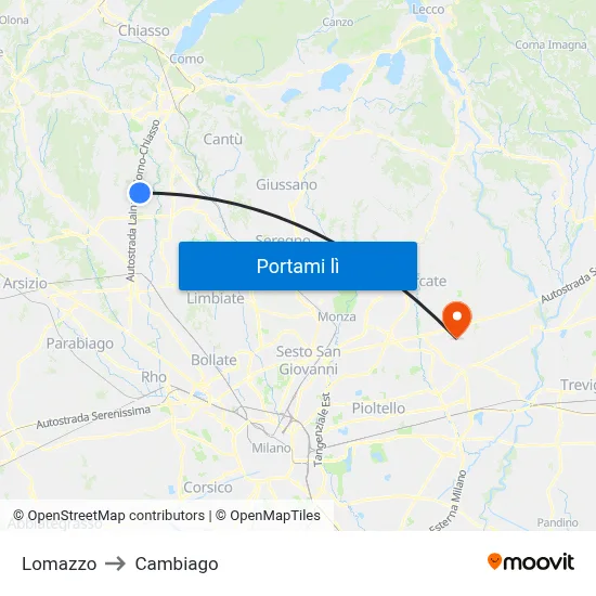 Lomazzo to Cambiago map