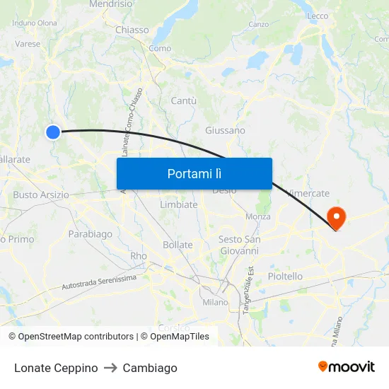 Lonate Ceppino to Cambiago map