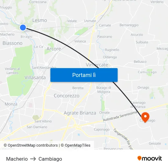 Macherio to Cambiago map