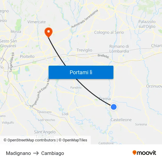 Madignano to Cambiago map