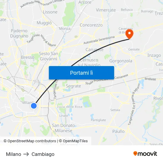Milano to Cambiago map